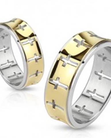 Oceľový prsteň - pásik zlatej farby s vyrezanými krížmi - Veľkosť: 49 mm