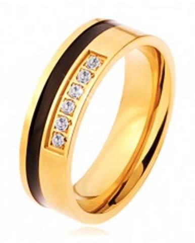 Oceľový prsteň zlatej a čiernej farby, ozdobná línia čírych zirkónov - Veľkosť: 54 mm