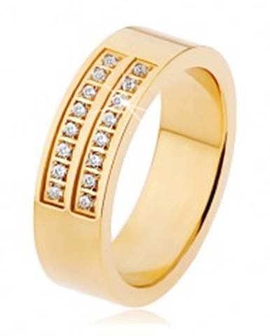 Oceľový prsteň zlatej farby, dvojitá línia čírych zirkónov - Veľkosť: 53 mm