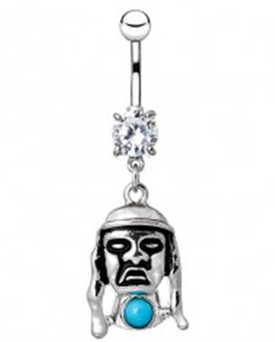 Piercing do pupku z ocele - tvár indiána s modrým kameňom