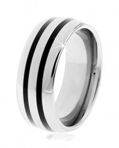 Tungstenový hladký prsteň, jemne vypuklý, lesklý povrch, dva čierne pruhy - Veľkosť: 49 mm