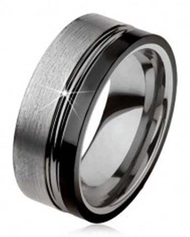 Wolfrámový prsteň, dva zárezy, oceľovosivá a čierna farba, lesklo-matný povrch - Veľkosť: 49 mm