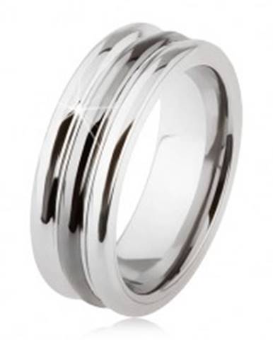 Wolfrámový prsteň s lesklým povrchom, dva zárezy, čierna a strieborná farba - Veľkosť: 54 mm