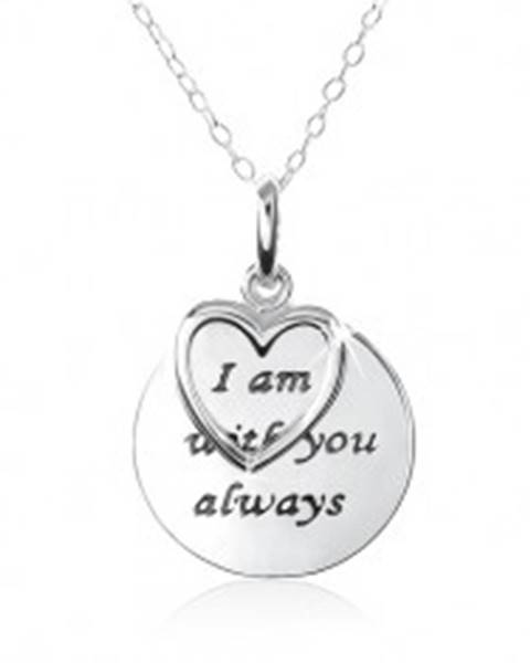 Strieborný náhrdelník 925, srdce, známka s nápisom "I am with you always"