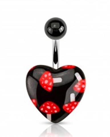 Čierny piercing do bruška z ocele, gulička, srdce - červené muchotrávky