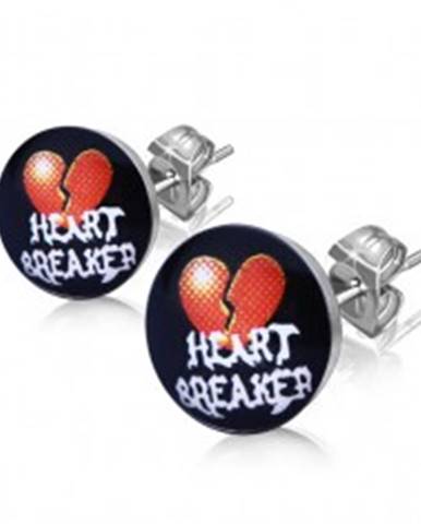 Oceľové náušnice - rozpolené srdce, nápis "HEART BREAKER"
