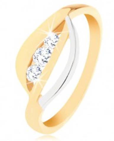Zlatý prsteň 375 - dvojfarebné zvlnené línie, tri okrúhle zirkóny čírej farby - Veľkosť: 49 mm