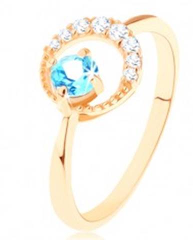 Zlatý prsteň 585 - kosák mesiaca zdobený čírymi zirkónikmi, modrý topás - Veľkosť: 49 mm