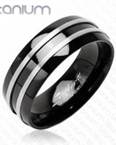 Čierny prsteň z titánu - dva  tenké pásy striebornej farby - Veľkosť: 49 mm