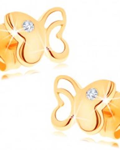 Diamantové zlaté náušnice 585 - lesklý motýľ s vyrezávanou časťou, číry briliant