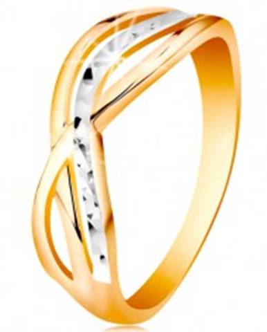 Dvojfarebný prsteň v 14K zlate - zvlnené a rozvetvené línie ramien, ryhy - Veľkosť: 47 mm