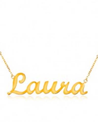 Náhrdelník v žltom 14K zlate - tenká ligotavá retiazka, lesklý nápis Laura