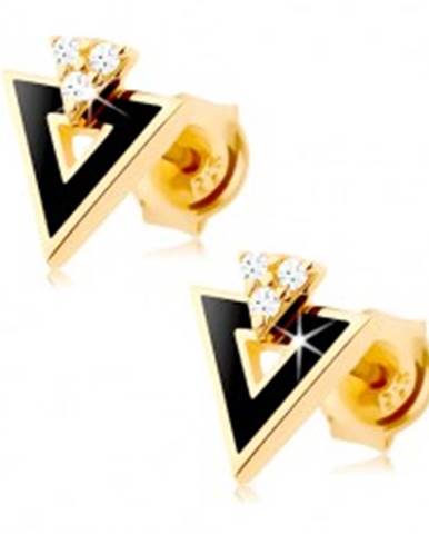 Náušnice zo žltého 9K zlata - čierny trojuholník s výrezom, číre zirkóniky