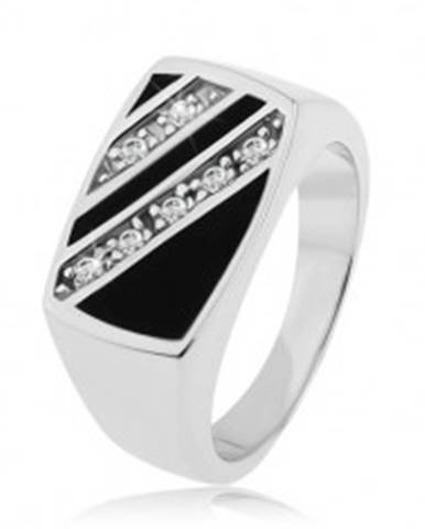 Strieborný prsteň 925, obdĺžnik - šikmé línie čírych zirkónov, čierna glazúra - Veľkosť: 53 mm