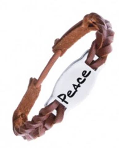 Úzky pletený náramok z kože - karamelový, známka "PEACE"