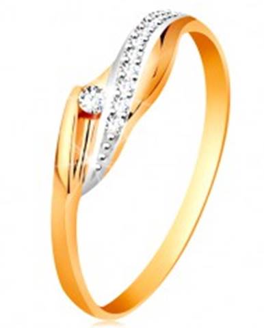 Zlatý 14K prsteň - lesklé zvlnené ramená, trblietavá číra vlnka a zirkón - Veľkosť: 48 mm