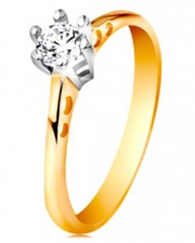 Zlatý 14K prsteň - okrúhle výrezy na ramenách, číry zirkón v kotlíku z bieleho zlata - Veľkosť: 49 mm