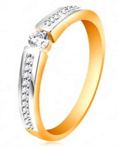 Zlatý 14K prsteň s lesklými dvojfarebnými ramenami, číre zirkóny - Veľkosť: 48 mm