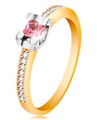 Zlatý 14K prsteň - trblietavé ramená, okrúhly ružový zirkón v kotlíku z bieleho zlata - Veľkosť: 49 mm