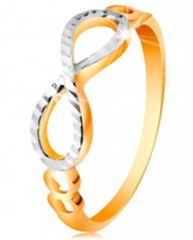 Zlatý prsteň 585 - symbol nekonečna zdobený bielym zlatom a zárezmi - Veľkosť: 49 mm