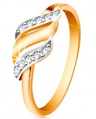 Zlatý prsteň 585 - tri vlnky z bieleho a žltého zlata, trblietavé číre zirkóny - Veľkosť: 49 mm