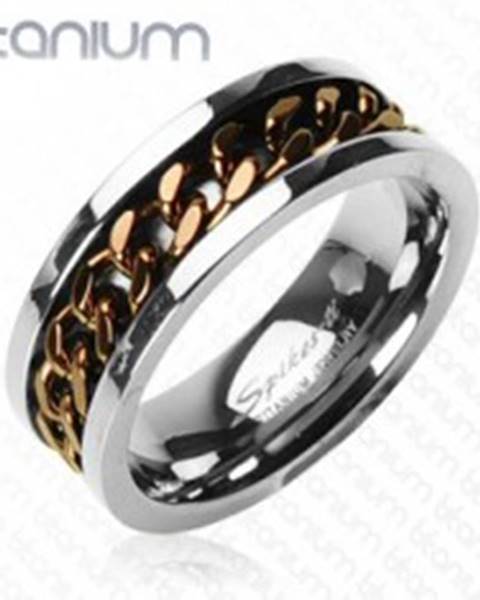 Titánový prsteň striebornej farby - reťaz v medenom farebnom odtieni - Veľkosť: 59 mm