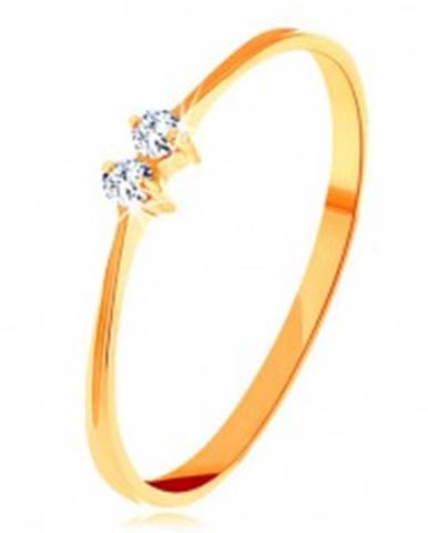 Briliantový zlatý prsteň 585 - tenké lesklé ramená, dva žiarivé číre diamanty - Veľkosť: 50 mm