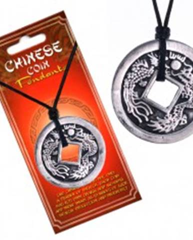 Čierny náhrdelník, čínska minca s patinou, znaky a dva draky
