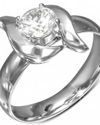 Lesklý prsteň z ocele, ozdobné vlnky, brúsený zirkón v kotlíku - Veľkosť: 49 mm