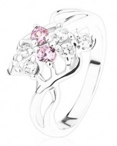 Ligotavý prsteň, strieborná farba, mašlička z ružových a čírych zirkónov - Veľkosť: 50 mm
