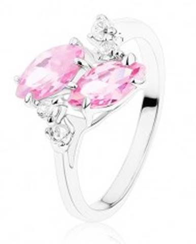 Ligotavý prsteň v striebornom odtieni, dve ružové zirkónové zrnká, číre zirkóniky - Veľkosť: 52 mm