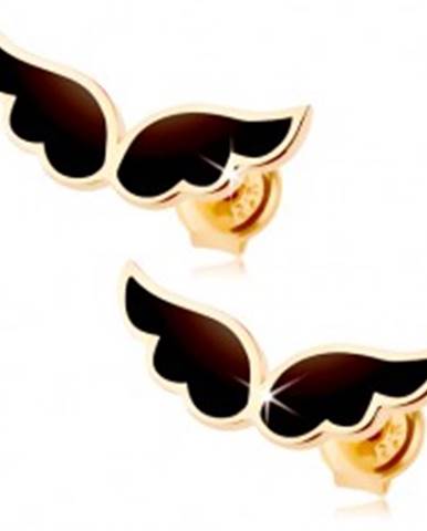 Náušnice zo žltého 14K zlata - dvojica anjelských krídel, čierna glazúra