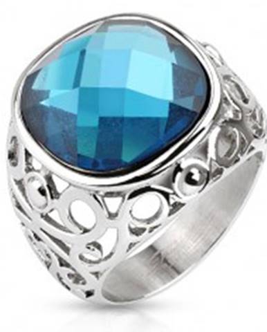 Oceľový prsteň, ramená zdobené filigránom, modrý brúsený kameň - Veľkosť: 49 mm