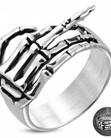 Prsteň z chirurgickej ocele - kostra ruky so zdvihnutým prstom, patina - Veľkosť: 54 mm