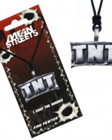 Šnúrkový náhrdelník, kovový prívesok - tabuľa s nápisom "TNT"