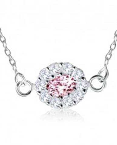 Strieborný náhrdelník 925, ružový zirkónový ovál lemovaný čírymi kamienkami
