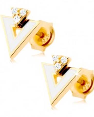 Zlaté náušnice 585 - biely trojuholník s výrezom, tri číre zirkóniky