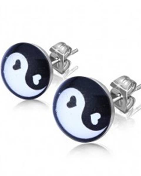 Puzetové náušnice z ocele, čiernobiely symbol Jing a Jang v krúžku