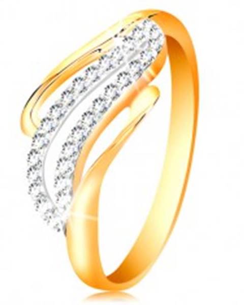 Zlatý prsteň 14K - zvlnené línie ramien, ligotavé číre zirkóniky - Veľkosť: 50 mm
