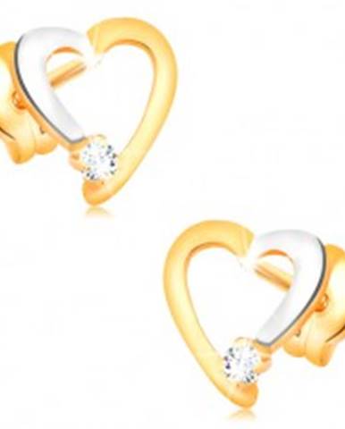 Briliantové náušnice v 14K zlate - obrys srdiečka s čírym diamantom