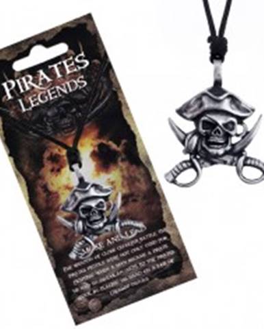 Čierny náhrdelník - kovová lebka piráta s klobúkom a mečmi