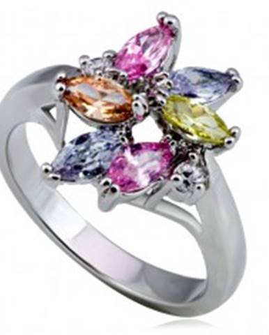 Lesklý kovový prsteň - kvet, farebné slzičkové a okrúhle zirkóny - Veľkosť: 49 mm