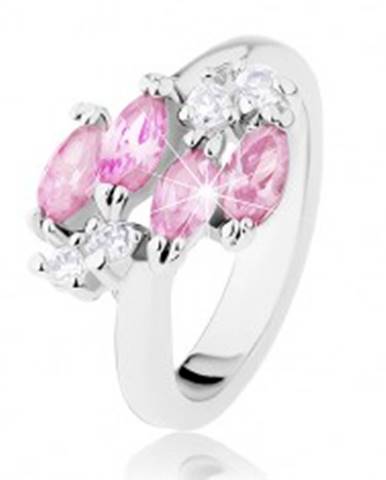 Lesklý prsteň v striebornej farbe, ružové zirkónové zrnká, číre zirkóniky - Veľkosť: 49 mm