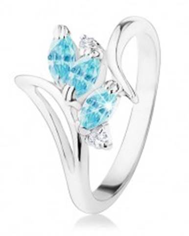 Ligotavý prsteň so zahnutými ramenami, modré brúsené zrnká, číre zirkóniky - Veľkosť: 50 mm