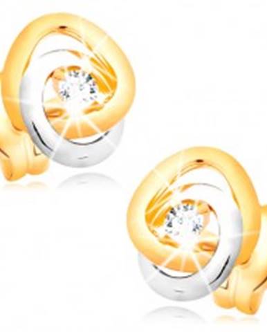 Náušnice v 14K zlate - dvojfarebné prepojené prstence, trblietavý číry briliant