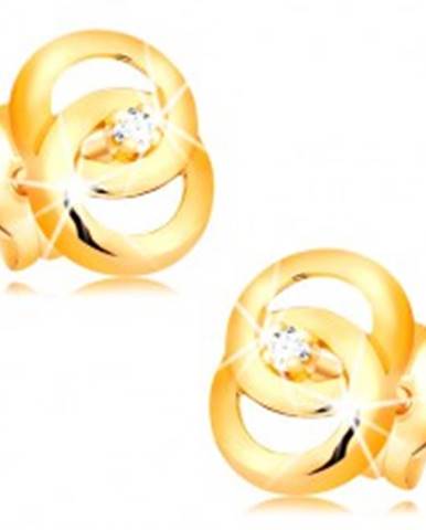 Náušnice v žltom 14K zlate - dva prepojené prstence, briliant uprostred