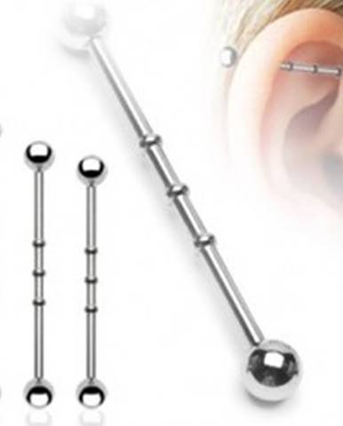 Oceľový piercing do ucha - činka so zárezmi, guličky