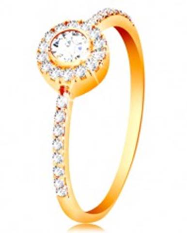 Prsteň v 14K zlate - okrúhly zirkón v trblietavej obruči, zirkónové ramená - Veľkosť: 50 mm