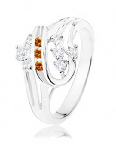 Prsteň v striebornej farbe, dvojitá špirála s oranžovými a čírymi zirkónmi - Veľkosť: 51 mm