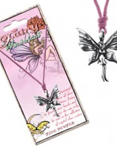 Ružová šnúrka na krk a kovový prívesok stojacej motýlej víly